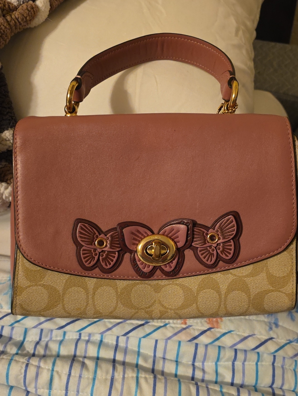 Coach Pink Leather & Signature Canvas Satchel with Butterfly Accents